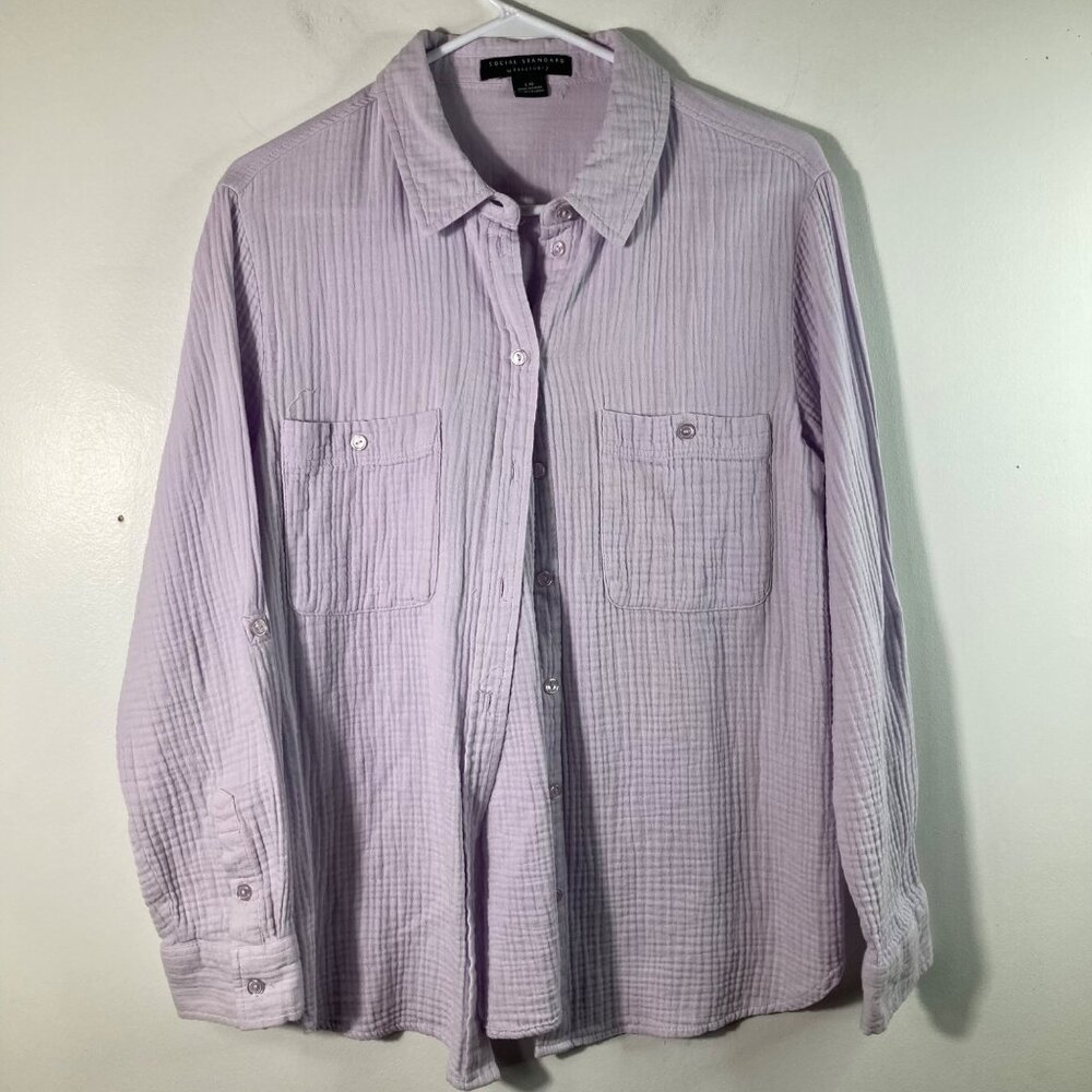Womens Social Standard Gauze Long Sleeve Button Shirt Lilac L Cotton Pockets Rol